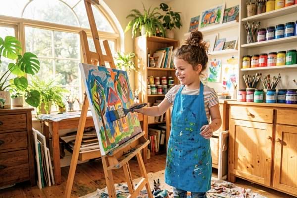 une petite fille confiante et créative peignant sur une toile