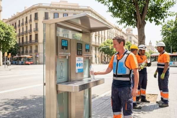Un travailleur qui prend de l'eau dans une fontaine &agrave; eau