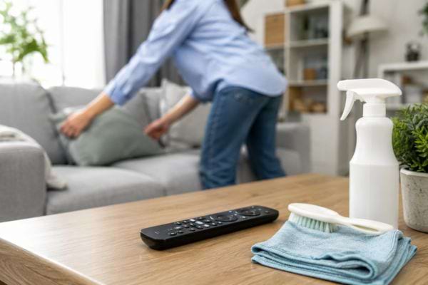 Télécommande posée avec des accessoires de ménage pendant le nettoyage du salon