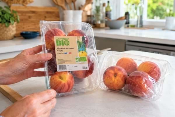 Personne vérifiant l’étiquette de barquettes de pêches et nectarines.