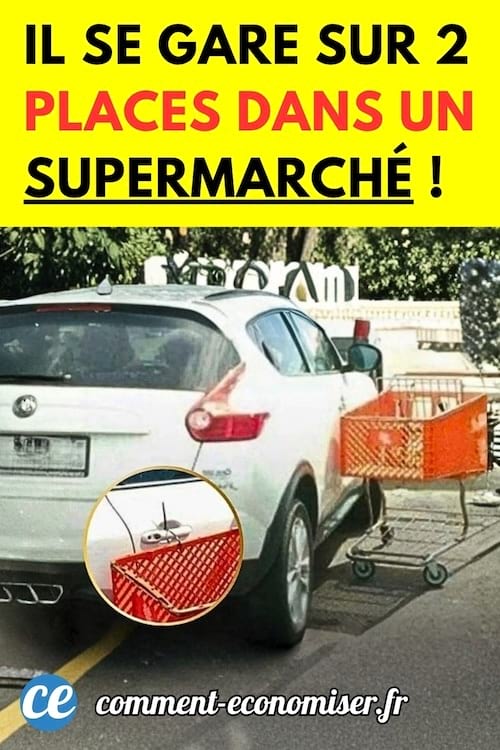 voiture blanche mal gar&eacute;e avec un chariot rouge attach&eacute;