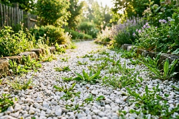 une all&eacute;e de jardin en gravier blanc envahie par de petites mauvaises herbes