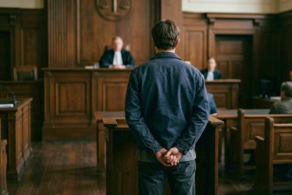 un homme de dos, habillé simplement, se tenant dans une salle de tribunal