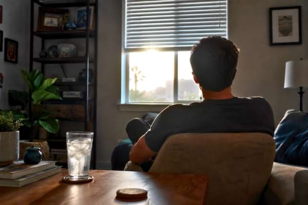 Une personne assise dans un salon sombre et frais, regardant par la fen&ecirc;tre les volets &agrave; moiti&eacute; ferm&eacute;s