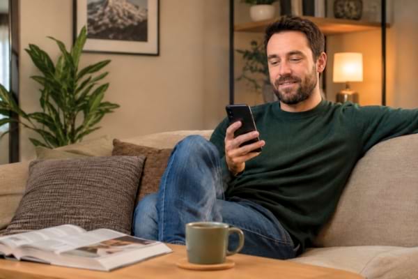 'un homme souriant dans son salon, tenant un smartphone à la main