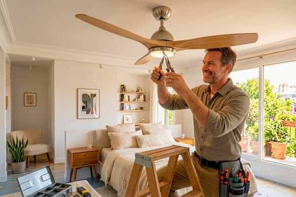 Un artisan souriant installant soigneusement un ventilateur de plafond