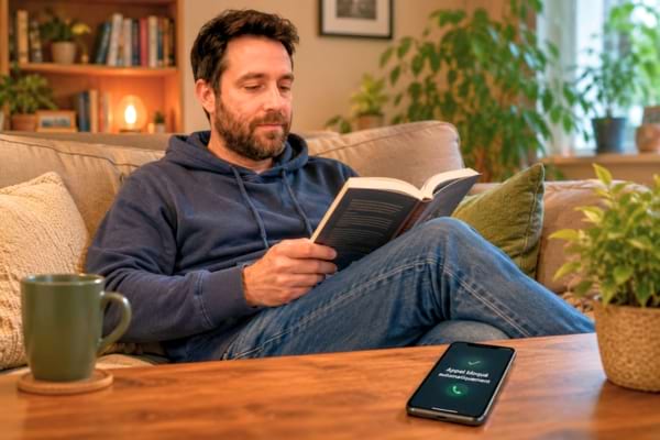 une personne détendue lisant un livre dans son salo, . Son smartphone est posé à côté