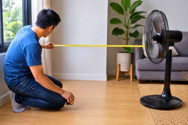 une personne mesurant la distance entre un ventilateur et une fen&ecirc;tre avec un m&egrave;tre