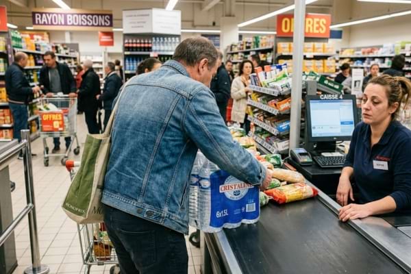 un client de supermarch&eacute; de dos, en train de soulever p&eacute;niblement un gros pack de bouteilles