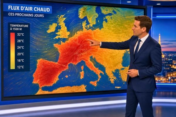 Un pr&eacute;sentateur m&eacute;t&eacute;o professionnel pointant du doigt un grand &eacute;cran num&eacute;rique