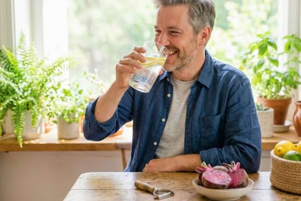 homme souriant dans la quarantaine, habill&eacute; de mani&egrave;re d&eacute;contract&eacute;e, boit un grand verre d'eau citronn&eacute;e 