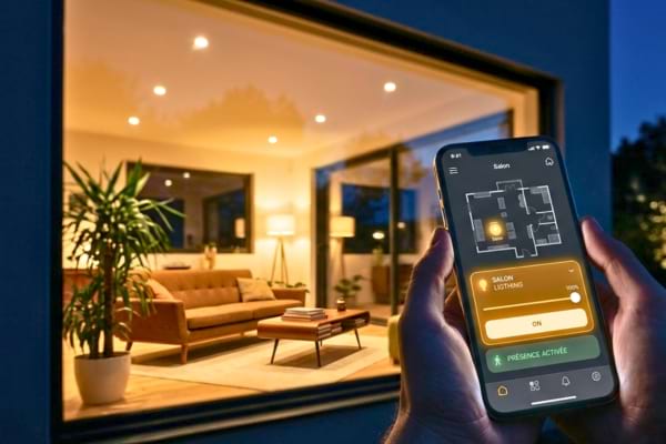un smartphone affichant une application de domotique, contrôlant l'éclairage d'un salon
