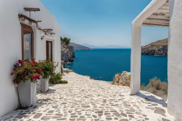 vue sur la mer à partir d'une ruelle d'une île grecque avec des maisons blanches