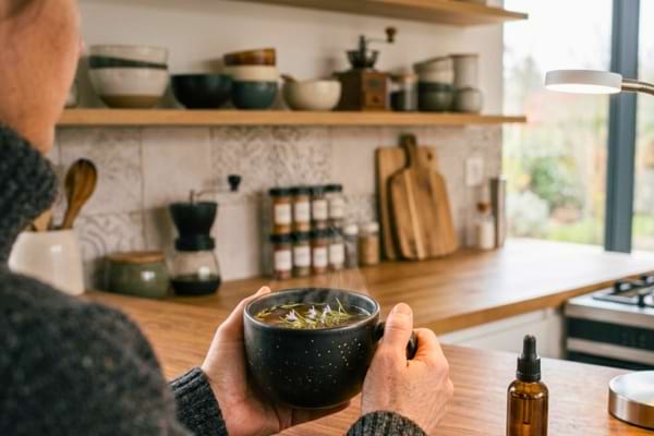 Une personne qui tient une tasse d'infusion au romarin