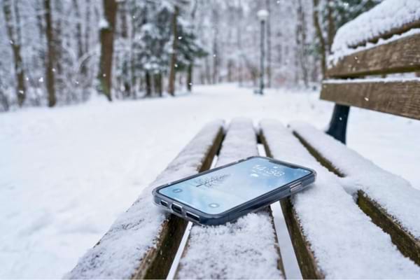 Un smartphone posé sur un banc enneigé dans un parc en hiver