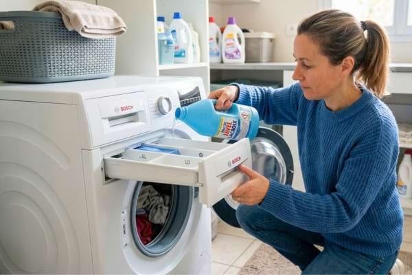 Une femme verse de l'eau de javel dans un bac