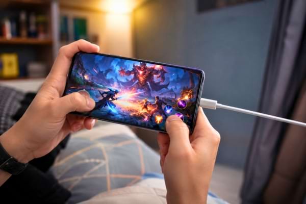 Une personne jouant à un jeu vidéo mobile aux graphismes intenses sur son téléphone