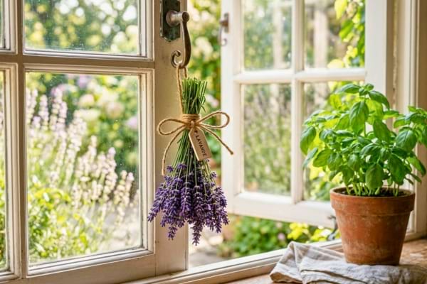 un petit bouquet de lavande suspendu à la poignée métallique