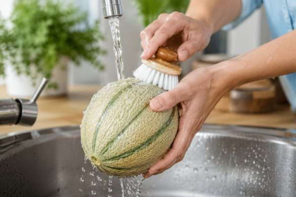 Melon lavé sous l’eau avec une brosse dans l’évier