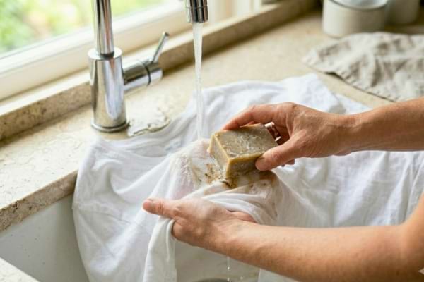 mains frottant délicatement une tache sur un t-shirt blanc en coton sous un léger filet d'eau