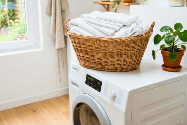 Une corbeille en osier remplie de linge blanc éclatant posée sur une machine à laver