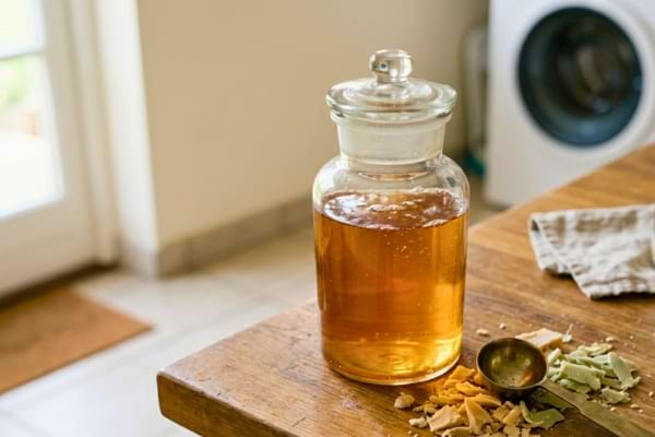 un grand bocal en verre rempli de lessive liquide ambrée