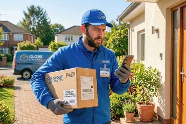 A delivery driver in uniform holding a cardboard box while looking at his smartphone