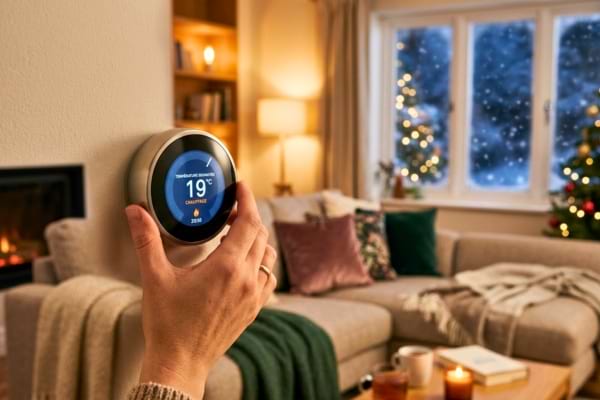 Une main ajustant un thermostat mural digital
