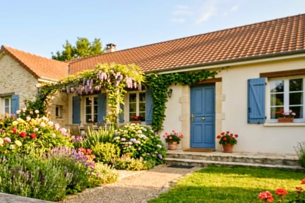 une belle maison de plain-pied avec un jardin fleuri très bien entretenu