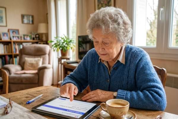 personne âgée utilisant une tablette tactile, naviguant sur un site administratif officiel,