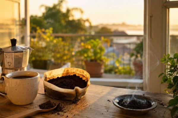 Marc de café sur une table près d’une fenêtre ouverte pour éloigner les moustiques.