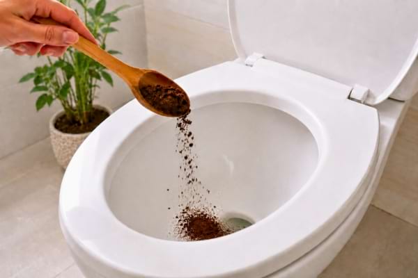 cuillère en bois verse délicatement du marc de café sec dans l'eau claire de la cuvette.