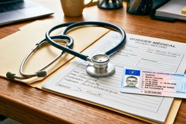 un stéthoscope posé sur un dossier médical à côté d'un permis de conduire