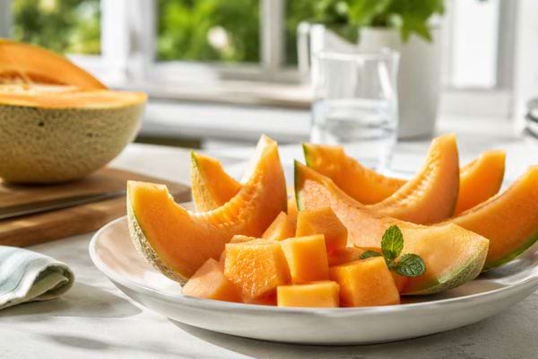 Tranches et cubes de melon frais servis dans une assiette