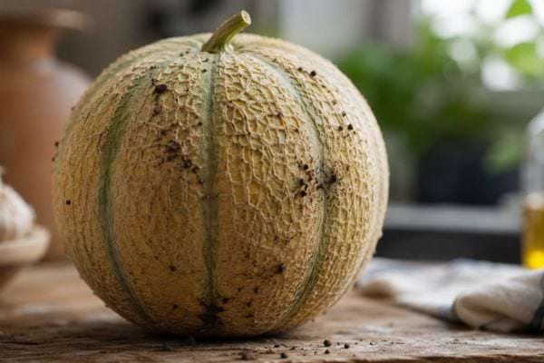 Melon entier sale sur un plan de travail en bois avant lavage
