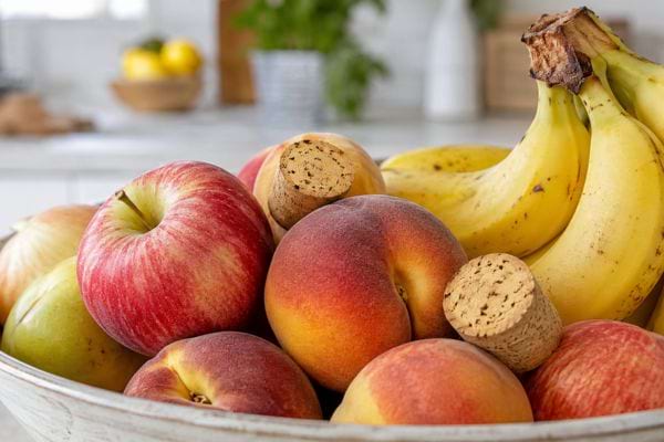 Bouchons de liège placés dans une corbeille de fruits pour éloigner les moucherons