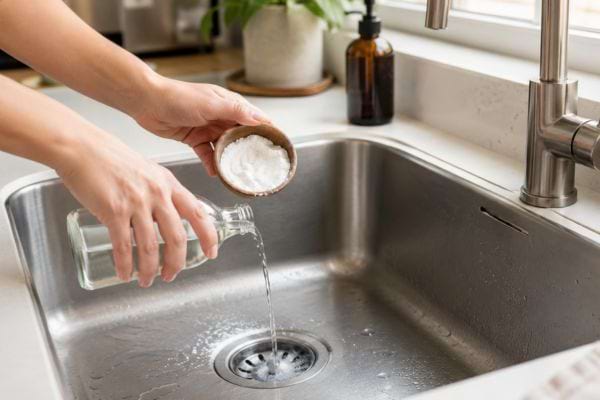 Nettoyage naturel de l’évier au vinaigre blanc et bicarbonate contre les moucherons