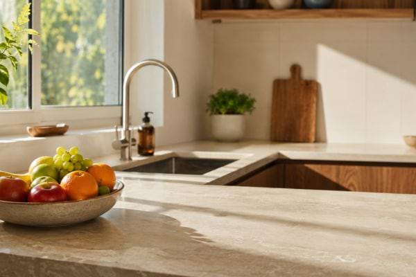 Cuisine propre et ensoleillée avec fruits frais, sans aucun moucheron visible