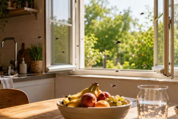 Mouches entrant par une fen&ecirc;tre ouverte dans une cuisine ensoleill&eacute;e avec fruits m&ucirc;rs