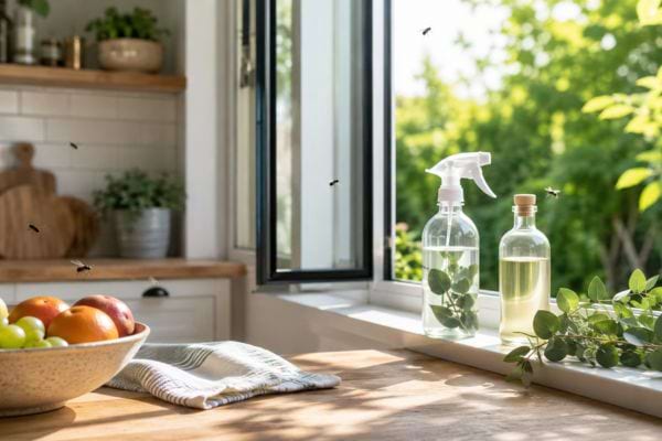 Spray maison au vinaigre et eucalyptus pos&eacute; pr&egrave;s d&rsquo;une fen&ecirc;tre ouverte en &eacute;t&eacute;