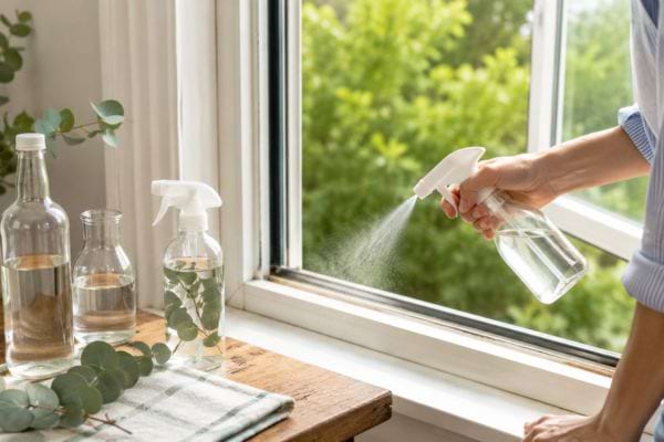 Main pulv&eacute;risant un spray naturel au vinaigre et eucalyptus sur un rebord de fen&ecirc;tre
