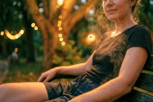 une personne en extérieur le soir, on devine la chaleur corporelle et la transpiration