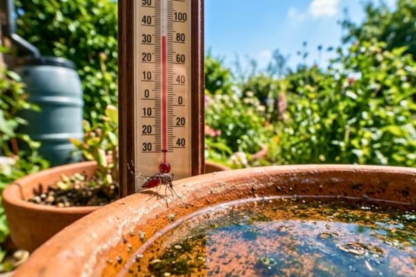 thermomètre extérieur affichant une température élevée à côté d'un point d'eau