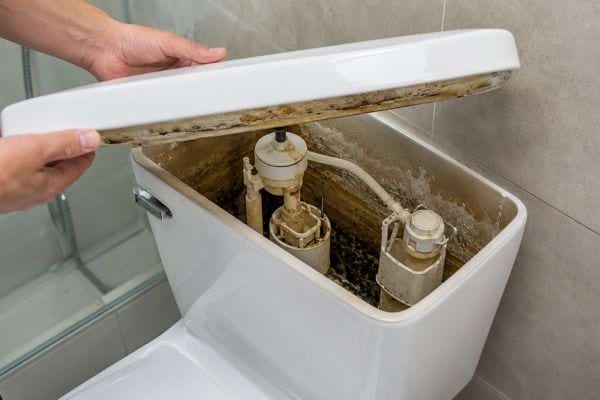 Réservoir de toilettes très entartré avec traces brunes et dépôts de calcaire visibles.