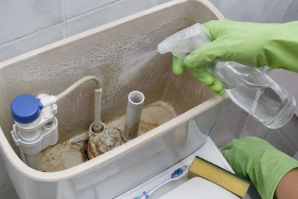 Main gantée vaporisant du vinaigre blanc dans un réservoir de toilettes entartré.