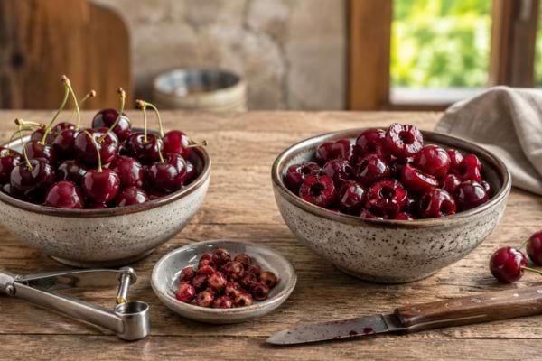 Cerises entières et dénoyautées dans deux bols sur une table de cuisine.