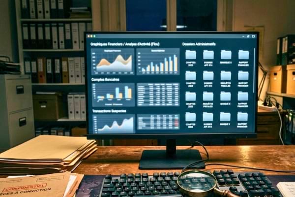 ordinateur moderne affichant des graphiques financiers flous et des dossiers administratifs
