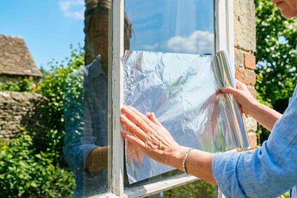 A person's hands carefully applying aluminum foil to the exterior glass of a home window