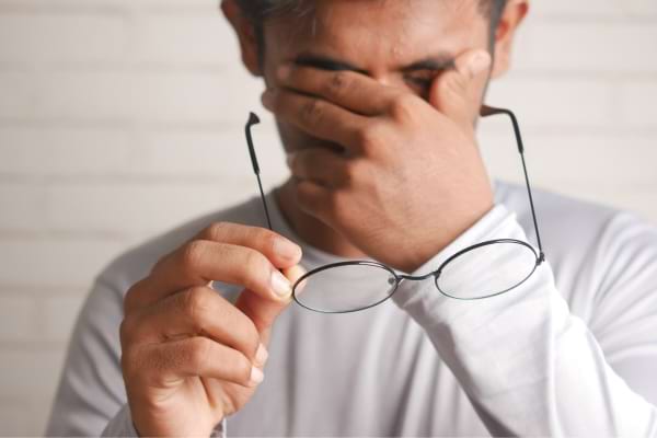 un homme fatigu&eacute; se frotte les yeux en tenant ses lunettes