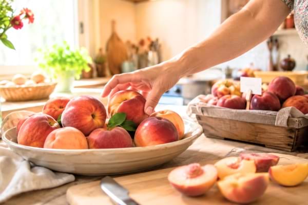 Pêches et nectarines fraîches dans une cuisine d’été lumineuse.